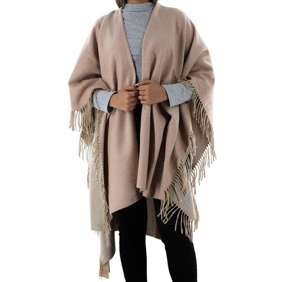Firenze La Fiorentina Ruana Fringe Shawl Wrap Cardigan Italy Made Boho Chic Tan